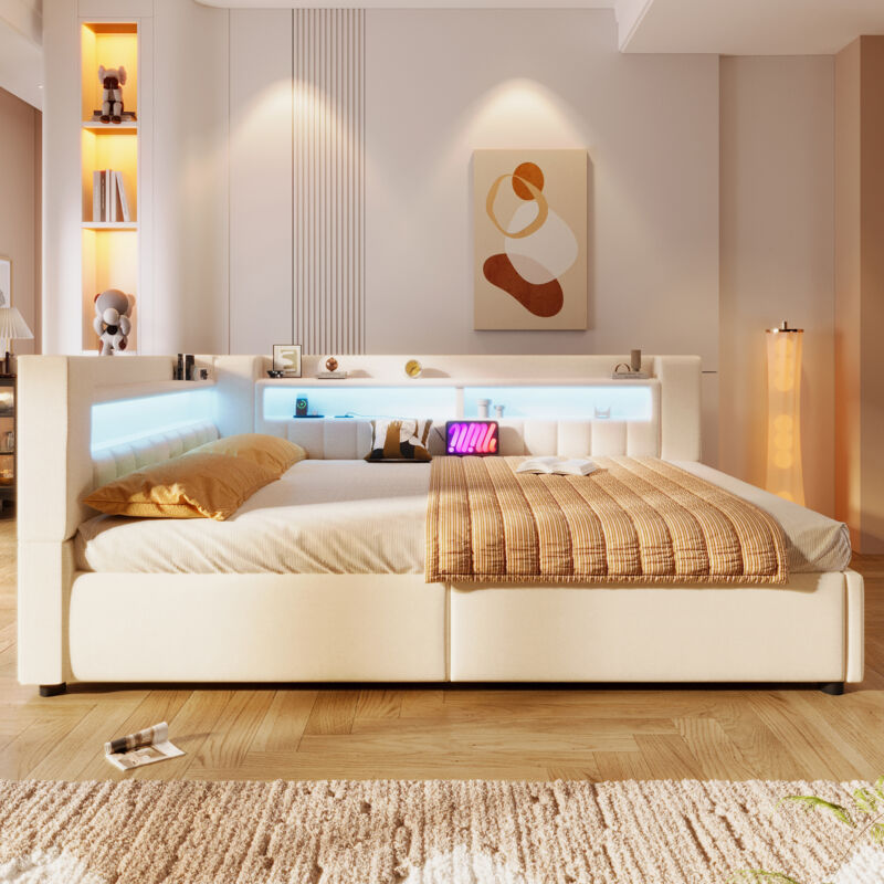 Lit coffre hydraulique 140x200cm avec fonction charge USB-C, LED intégrée, convertible en canapé, rangement, style minimaliste, sans matelas, beige