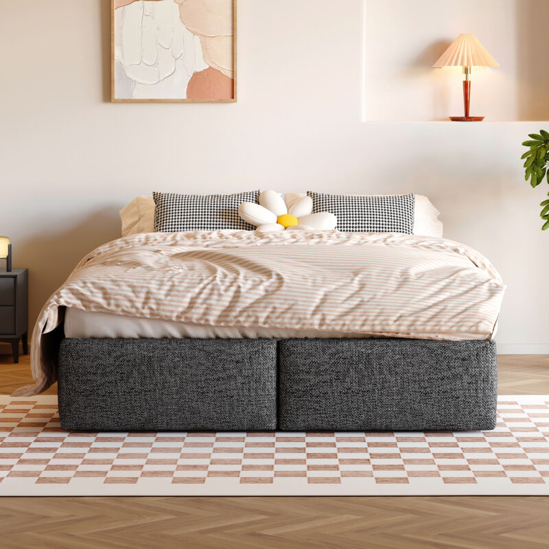 Lit coffre hydraulique 140x200cm, lit adulte capitonné, lit double 2 tiroirs sans tête de lit, sans matelas, gris