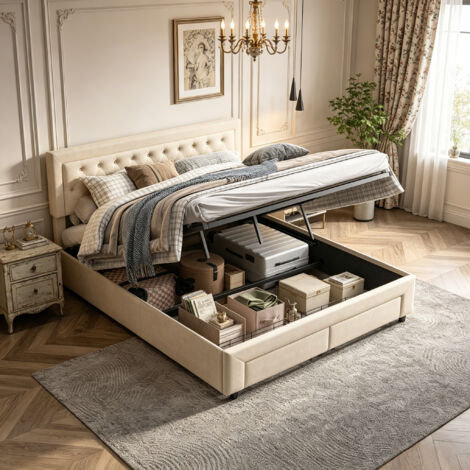 Lit coffre hydraulique 180x200 cm, 2 tiroirs au pied, lit double rembourré en velours, Tête de lit à boutons, Grand rangement pour chambre