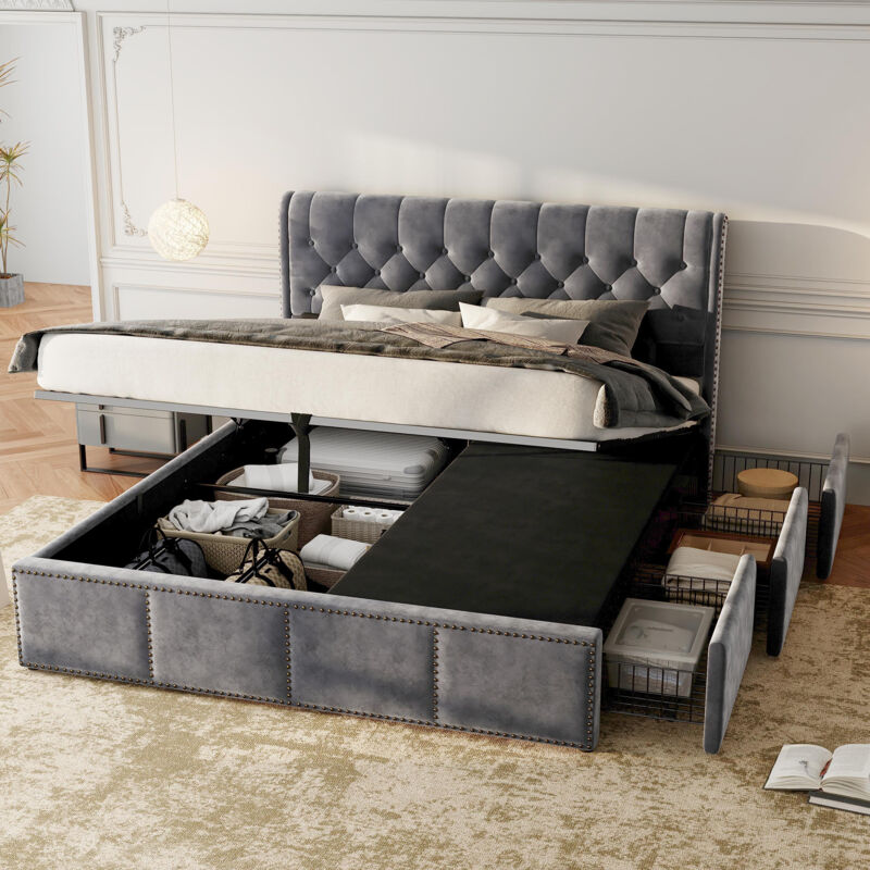 Lit coffre hydraulique 140x190 cm, lit adulte avec 3 tiroirs, lit double rembourré, décoration rivets, sans matelas, velours, gris