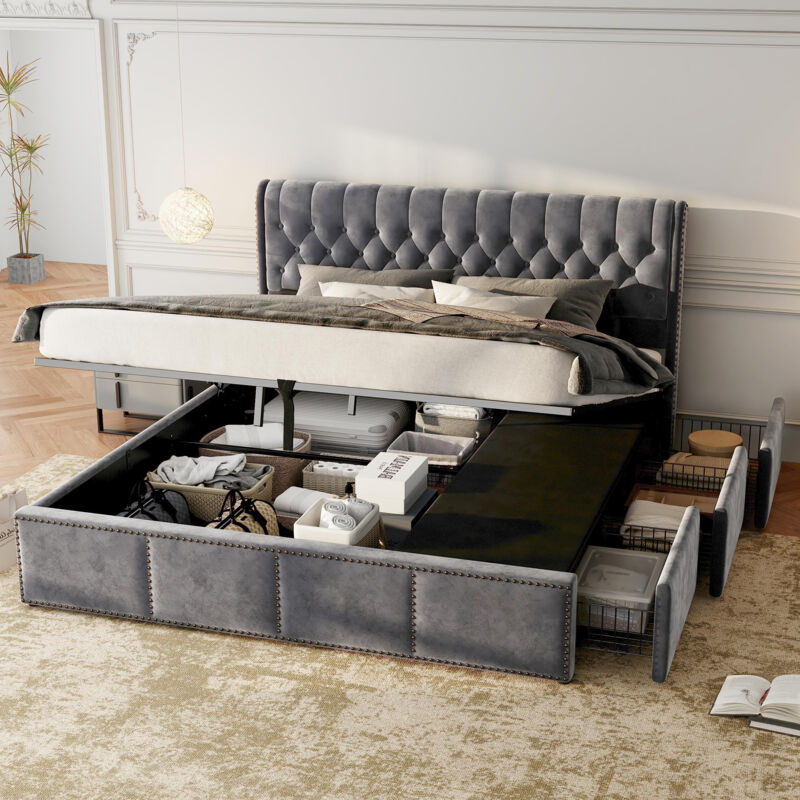 Lit coffre hydraulique 160x200 cm, lit adulte avec 3 tiroirs, lit double rembourré, décoration rivets, sans matelas, velours, gris