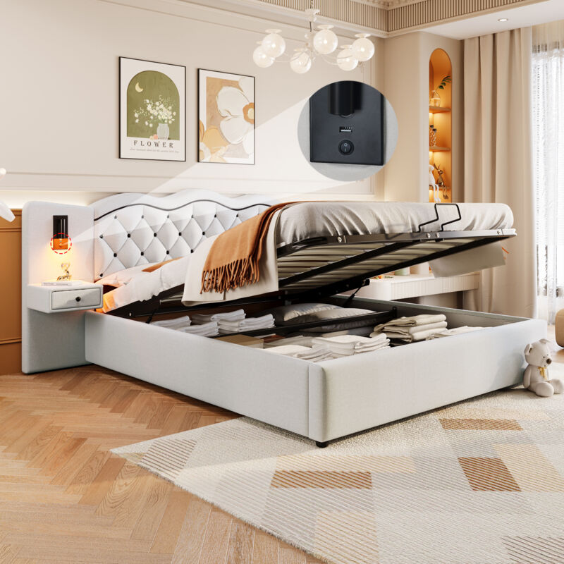 Lit coffre 180x200cm, lit adulte double capitonné, usb, 2 lampes de chevet, hydraulique, lin, sans matelas, beige