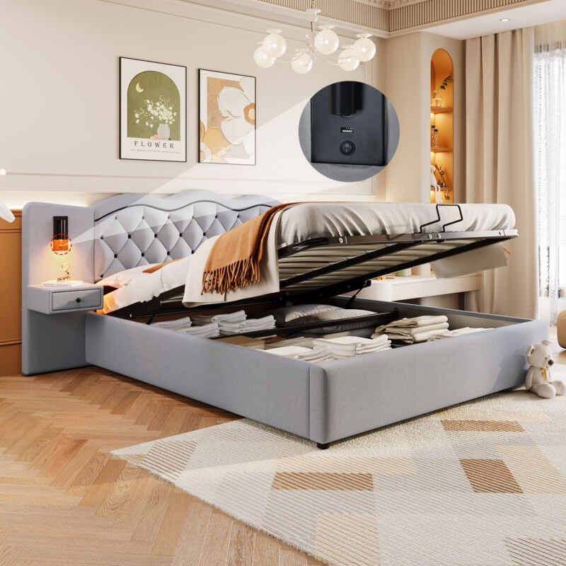 Lit coffre 180x200cm, lit adulte double capitonné, usb, 2 lampes de chevet, hydraulique, lin, sans matelas, gris