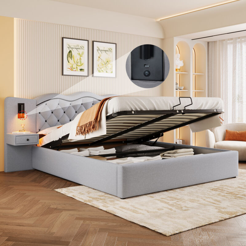 Lit coffre 160x200cm, lit adulte double capitonné, usb, 2 lampes de chevet, hydraulique, lin, sans matelas, gris
