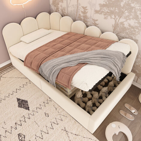 Lit coffre hydraulique 90x200 cm, canapé-lit rembourré, lit enfant, sommier à lattes en métal, velours, beige, sans matelas