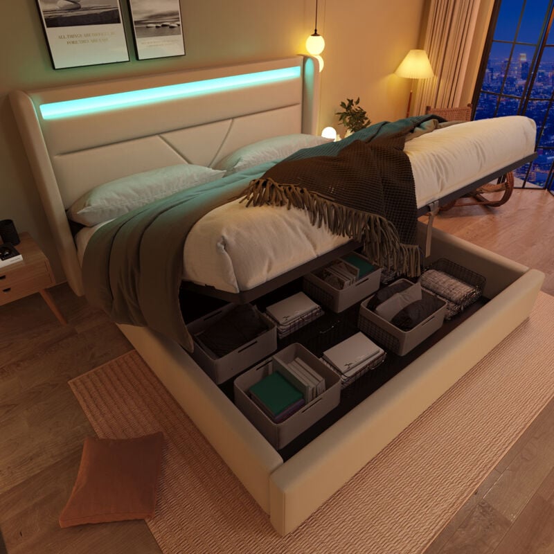 Lit coffre 160x200 cm lit double, lit rembourré avec éclairage led et tig ehydraulique, en pu, beige, sans matelas