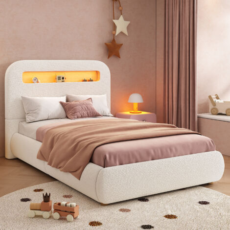 Lit coffre hydraulique enfant 90x200 cm en bouclette blanche avec LED, tête de lit, pieds bois massif et rangement, lit simple tendance