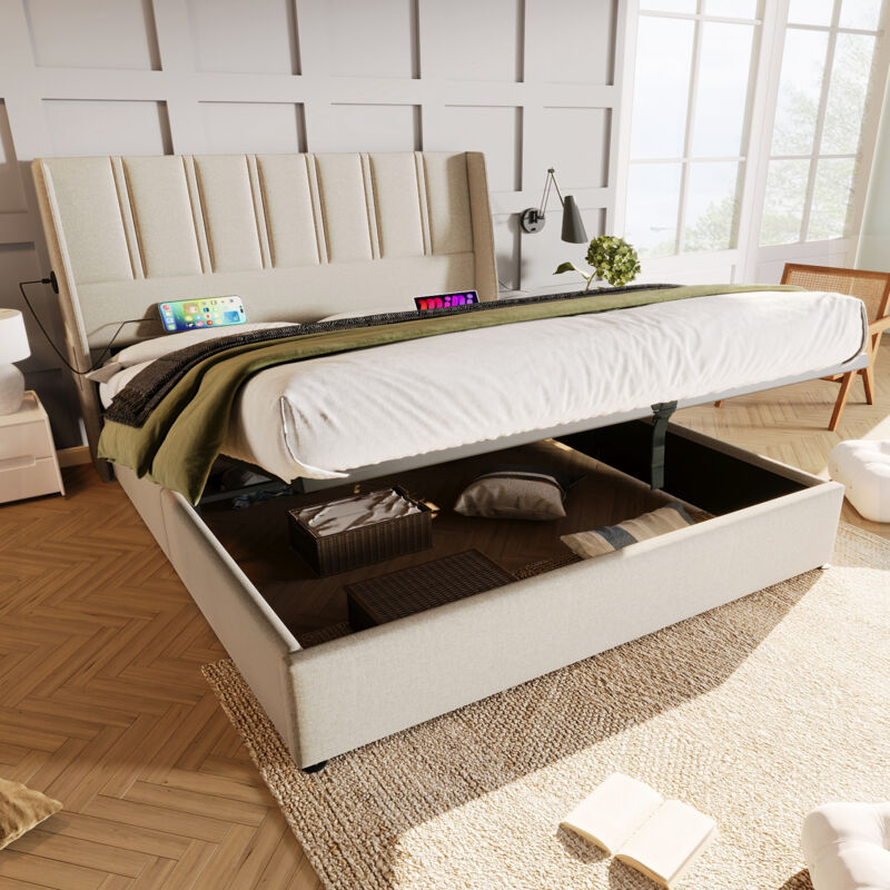 Lit coffre, hydraulique, lin, lit double adultes, sommier à lattes, sans matelas, beige, 140x200cm