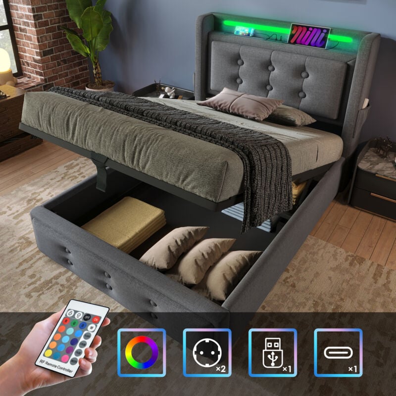 Lit coffre hydraulique, Lit adulte, led, usb c, coton et lin, lit simple 90x200cm, gris, charge 150 kg, sans matelas