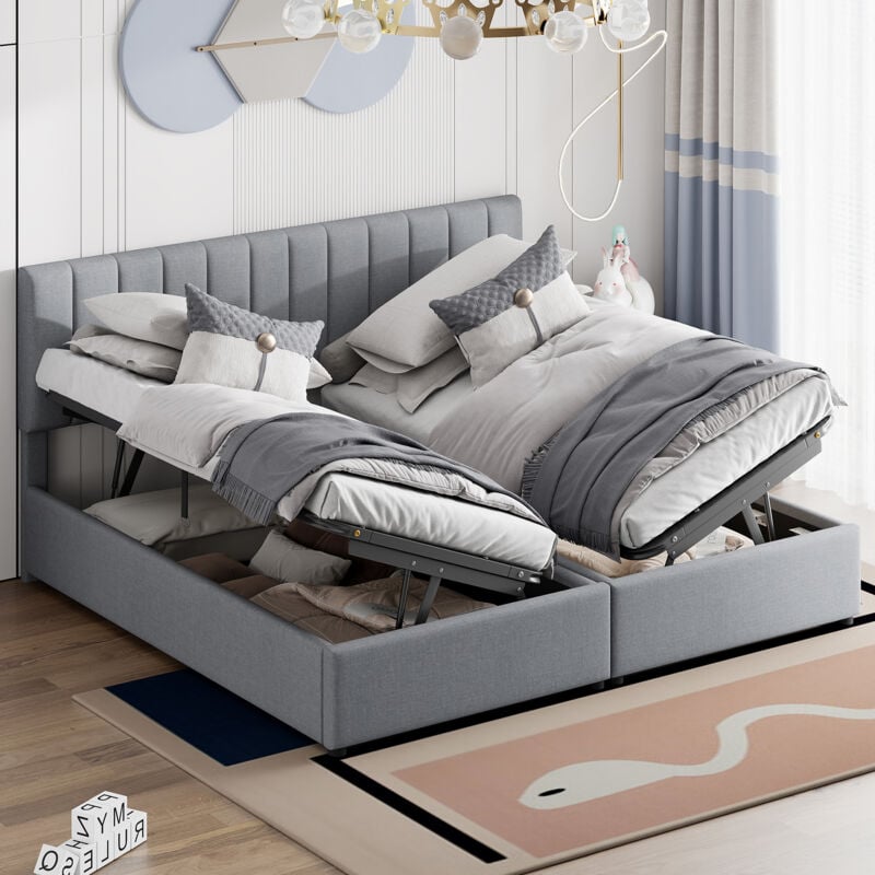 Lit coffre hydraulique, lit enfant, lit adult, lin, 180x200 cm lit double, gris, sans matelas