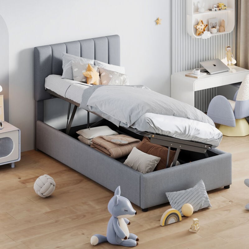 Lit coffre hydraulique, lit enfant, lit adult, lin, 90x200 cm lit simple, gris, sans matelas