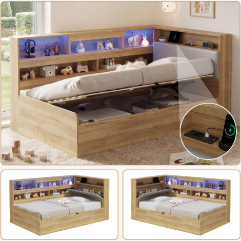 Lit coffre hydraulique pour enfant 90x200cm, lit en bois naturel pour adolescent, avec station de charge USB et éclairage LED