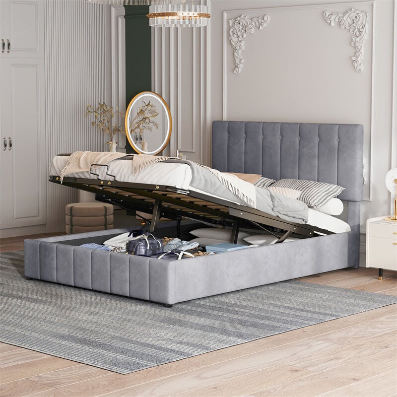 Lit coffre capitonné 140x200cm - lit double avec tête de lit réglable + sommier à lattes + tissu velours - Gris