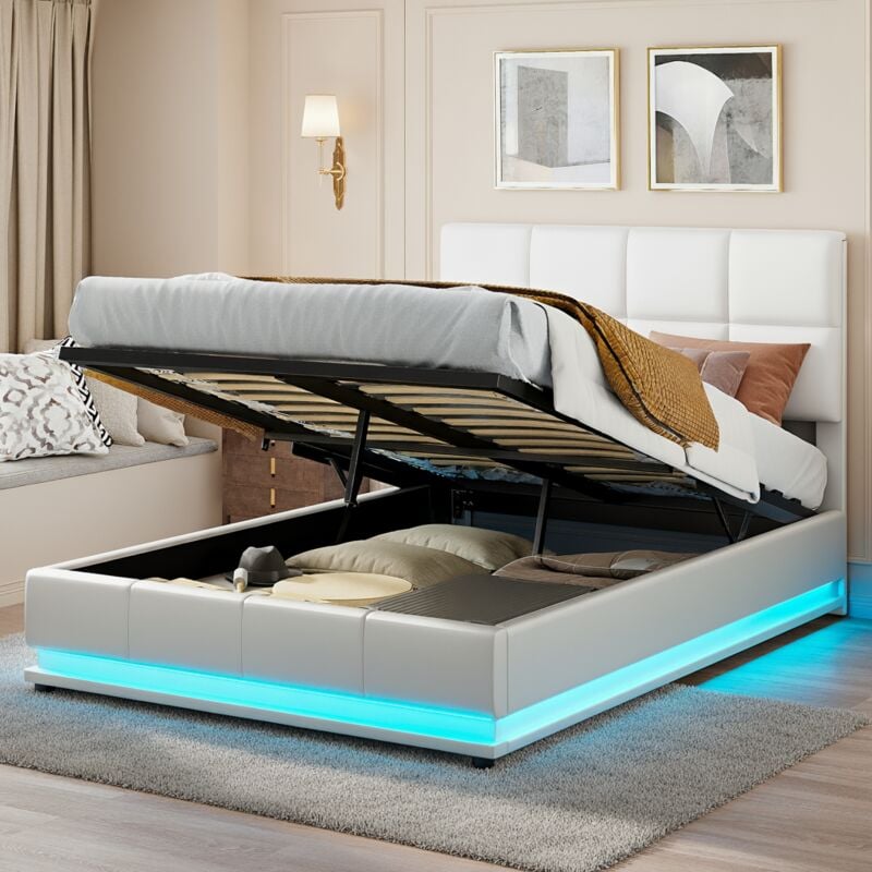 Lit coffre 140x200 cm - Lit doub led capitonné relevable hydraulique avec sommier à lattes, tête de lit, simili cuir pu - Blanc
