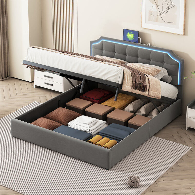 Lit coffre led 160x200, lit double avec rangement, lit adulte capitonne avec tête de litavec led et 2 stations de recharge usb, sommier à lattes,