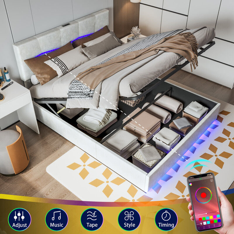 Lit coffre led 140x200cm - avec sommier à lattes et tête de lit réglable avec rvb fissurée, avec usb charge, pu - Beige