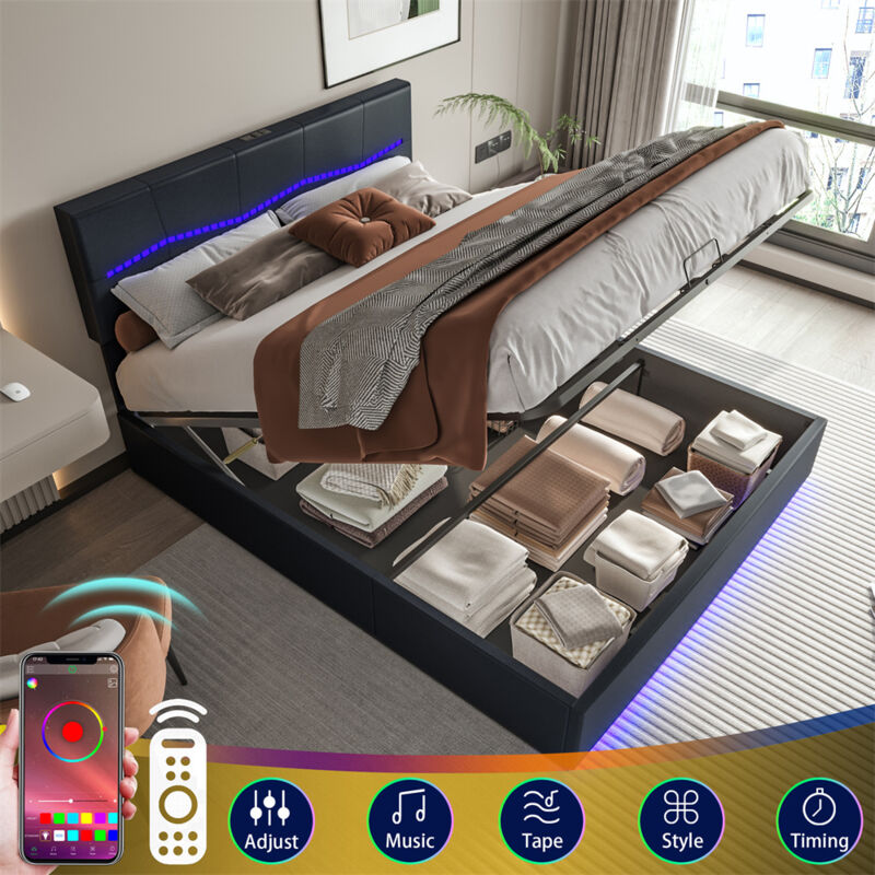 Lit coffre led 160x200cm - avec sommier à lattes et tête de lit réglable avec rvb fissurée, avec usb charge, pu - Noir