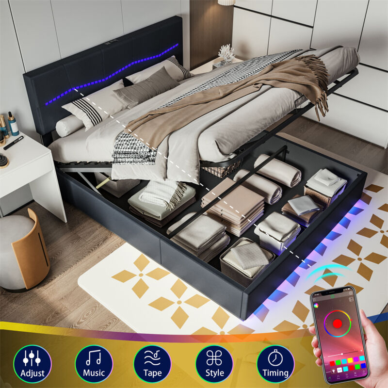 Lit coffre led 180x200cm - avec sommier à lattes et tête de lit réglable avec rvb fissurée, avec usb charge, pu - Noir