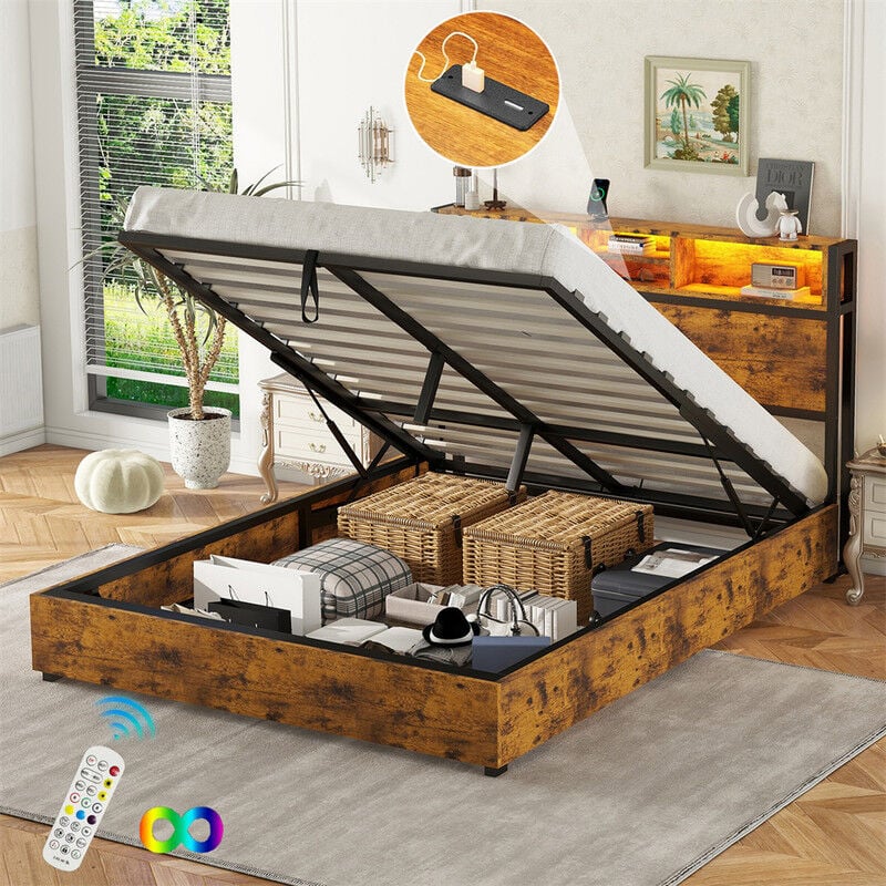 Lit coffre led 140x200 cm, lit double avec sommier à lattes et tête de lit rangement, style industriel - Marron