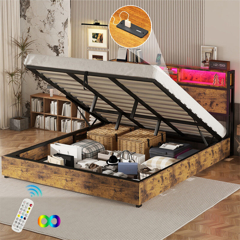 Lit coffre led 180x200 cm, lit double avec sommier à lattes et tête de lit rangement, style industriel - Marron