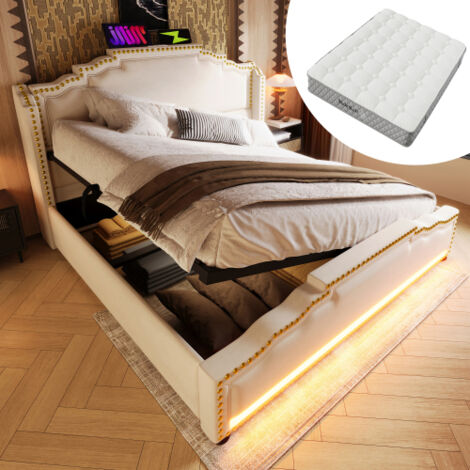 Lit coffre - lit 140x200 cm avec LED, chargement USB et sommier à lattes - tissu en velours beige - matelas inclus