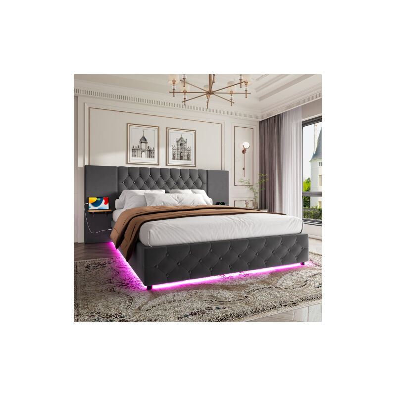 Wishdor - Lit coffre Lit adulte 140x200 cm avec tête de lit large, lumière led, port usb, décoration de bouton, velours, sans matelas, gris