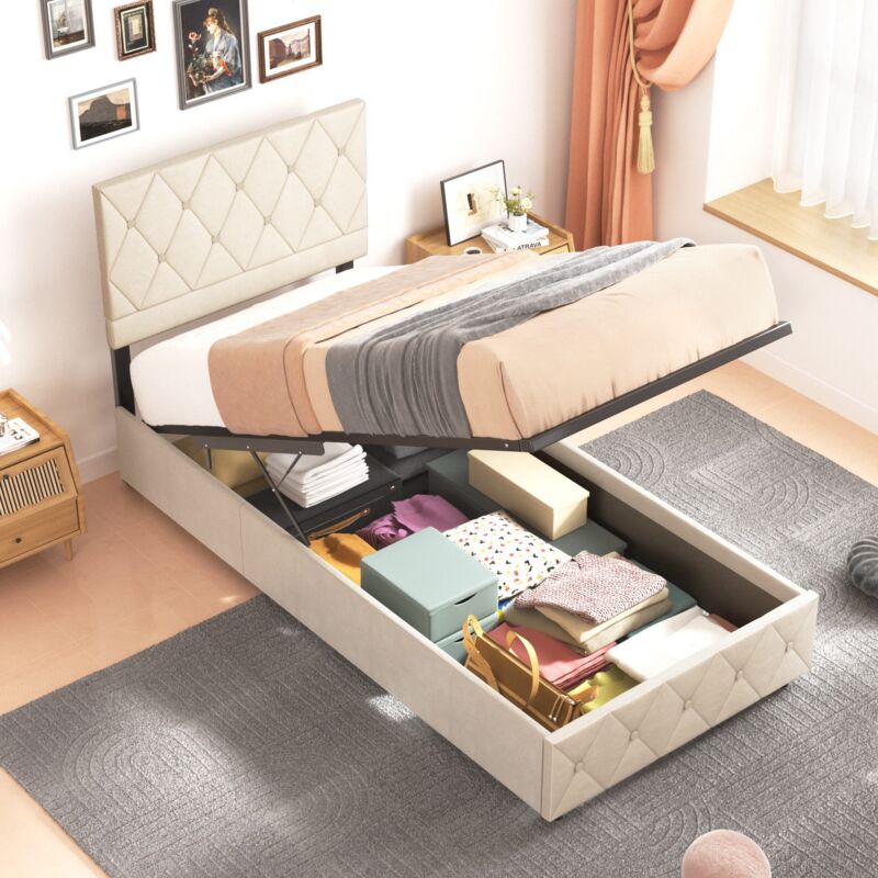 Lit coffre, lit adulte avec sommier à lattes, 140x190 cm, tête de lit réglable, beige, Sans matelas