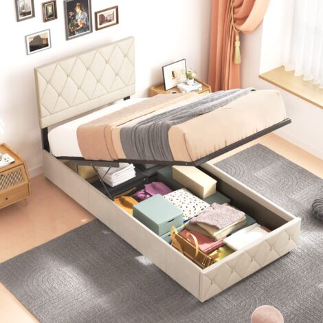 Lit coffre, lit adulte avec sommier à lattes, 140x200 cm, tête de lit réglable, beige, Sans matelas