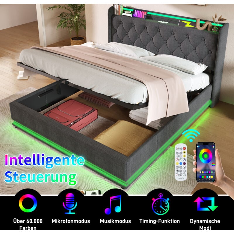 Lit coffre Lit adulte capitonné 160 x 200 cm avec LED et fonction de chargement USB Type-C, tissu en lin, gris, sans matelas, sans fond