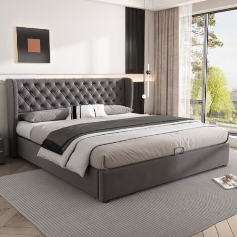 WISHDOR Lit coffre 140x190 cm, Lit adulte Lit capitonné velours en forme d'oreille avec sommier à lattes, gris, sans matelas