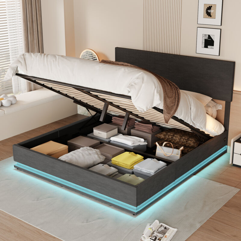 Lit coffre, lit adulte double, led, chargement usb, tête de lit réglable en hauteur, velours, sans matelas,160x200cm, gris noir