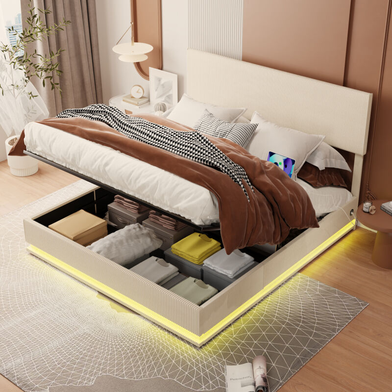 Lit coffre, lit adulte double, led, chargement usb, tête de lit réglable en hauteur, velours, sans matelas,160x200cm, beige