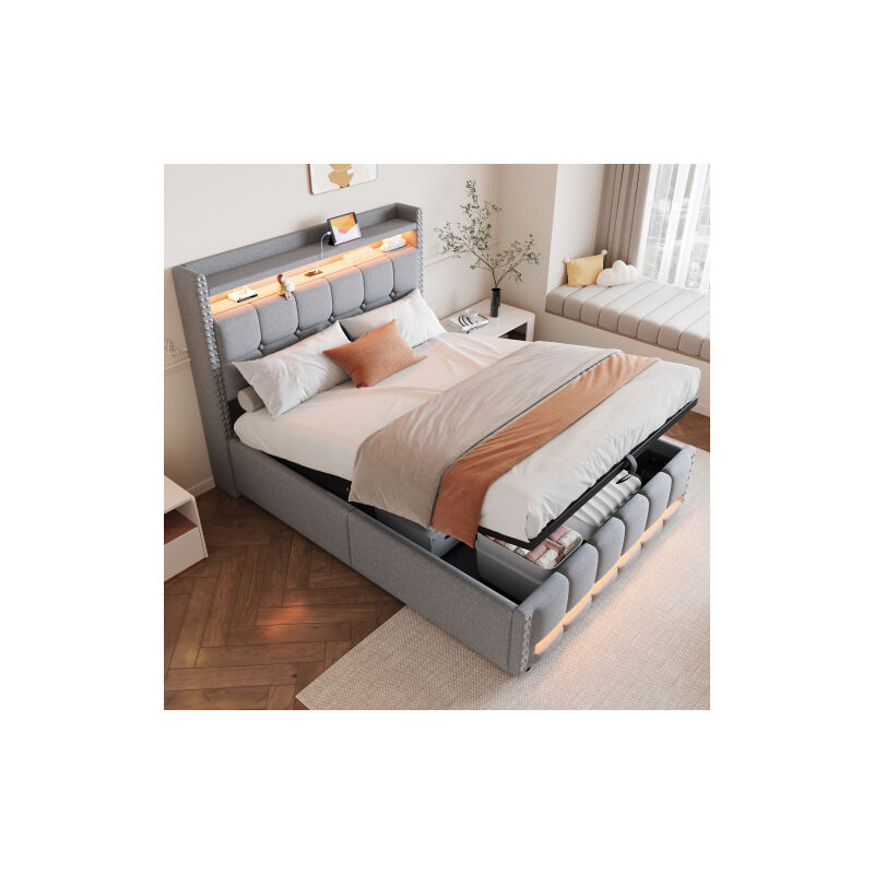 Lit coffre Lit adulte Lit capitonné 140x200cm avec éclairage led et prise usb, tête de lit avec étagère et rangement, sans matelas, lin, gris clair