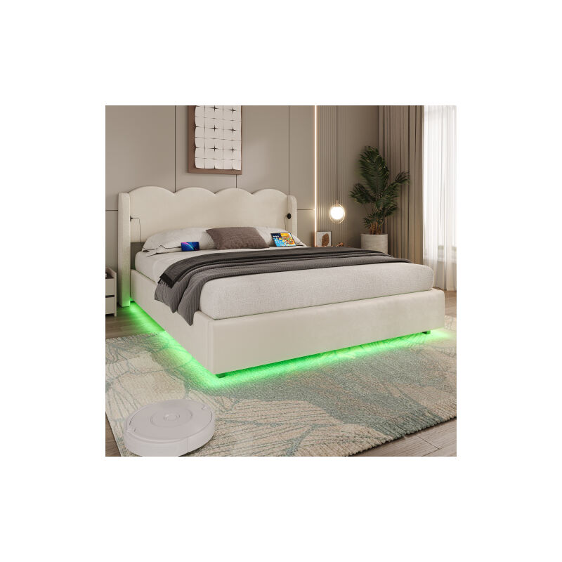 Wishdor - Lit coffre Lit adulte Lit capitonné 160x200cm avec tête de lit ondulée, lumière led et chargement usb, velours, sans matelas, beige