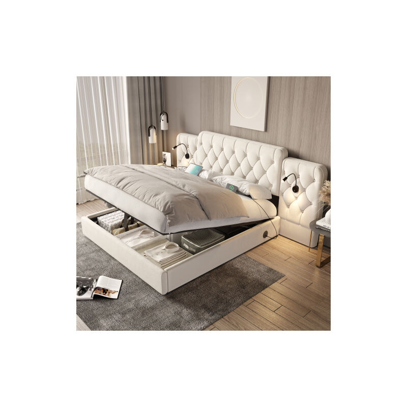 Wishdor - Lit coffre Lit adulte Lit capitonné 180x200 cm avec tête de lit longue, port usb, lampe de lecture, tissu en velours, sans matelas, beige