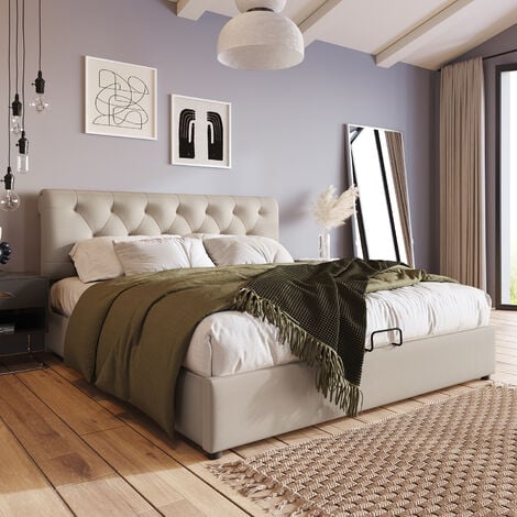 Lit capitonné hydraulique Tête de lit réglable lit double Style moderne cadre de lit avec rangement Pas de matelas 140x200cm - Naturel