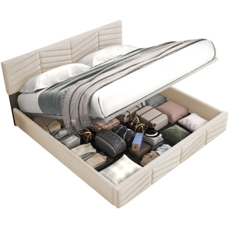 Lit coffre Lit adulte Lit double 140x190 cm avec tête de lit réglable en hauteur - Sommier à lattes bois inclus - velours - beige