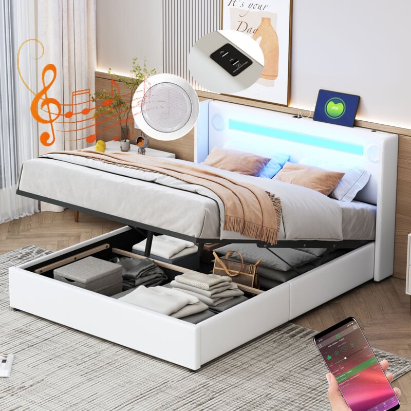 Lit coffre, lit adulte/enfant, led, lecteur Bluetooth, usb, pu, lit double 140x200cm, sans matelas, blanc