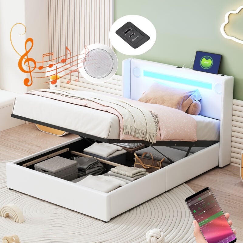 Lit coffre, lit adulte/enfant, led, lecteur Bluetooth, usb, pu, lit simple 90x200cm, sans matelas, blanc