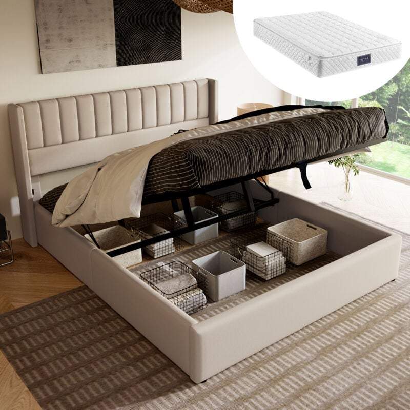 Lit coffre lit adulte capitonné double 160 x 200 cm avec sommier en bois, beige, matelas inclus, sans fond