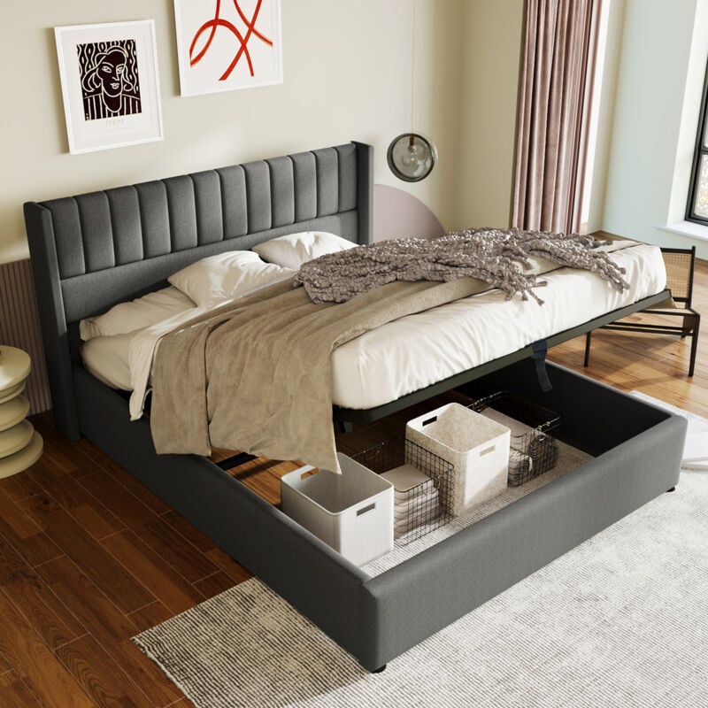 Lit coffre Lit adulte capitonné double 140 x 200 cm avec sommier à lattes, lin, gris, sans matelas, sans fond