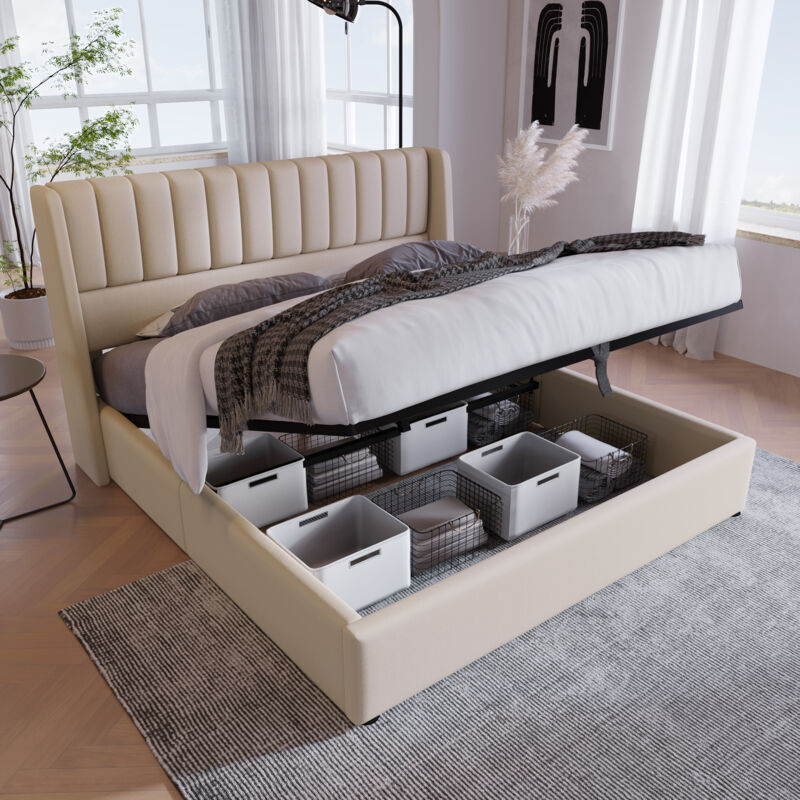 Lit coffre Lit adulte capitonné double 140 x 200 cm avec sommier à lattes, lin, beige, sans matelas, sans fond