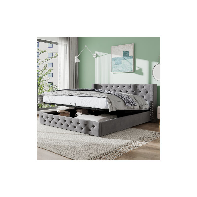 Lit coffre 140x190 cm, lit double capitonné avec espace de rangement hydraulique, fond de lit en non-tissé imperméable noir, gris, sans matelas