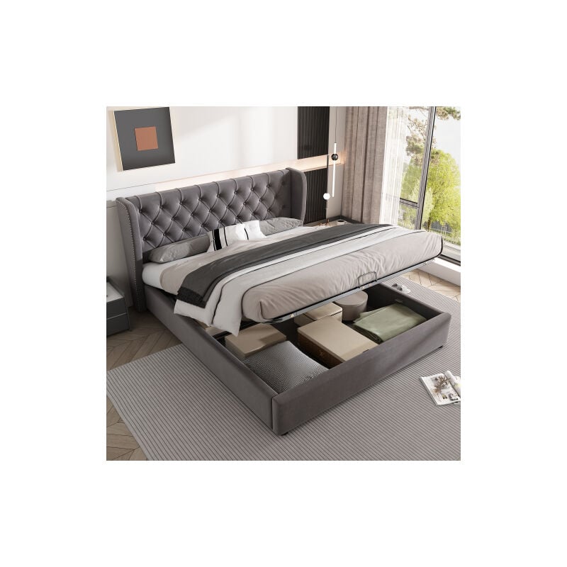 Lit coffre 140x190 cm, Lit adulte Lit capitonné velours en forme d'oreille avec sommier à lattes, gris, sans matelas