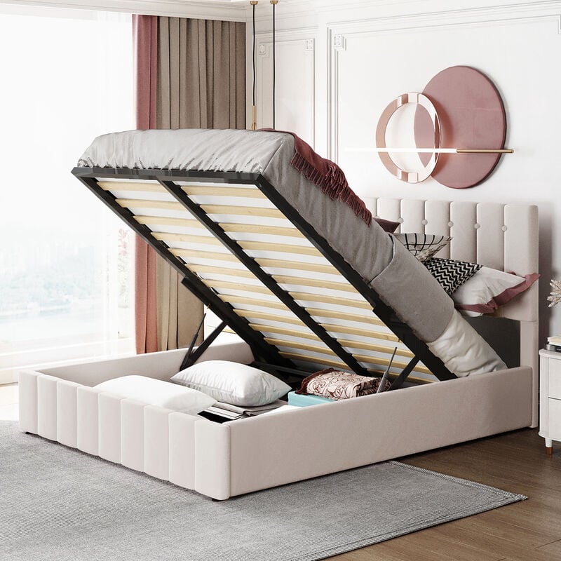 Modernluxe - Lit coffre 140x200cm rembourré en velours avec sommier à lattes - Beige