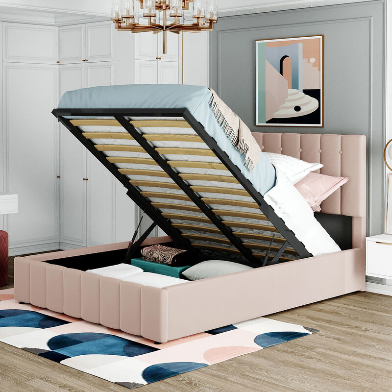 Modernluxe - Lit coffre 140x200cm rembourré en velours avec sommier à lattes - Crème