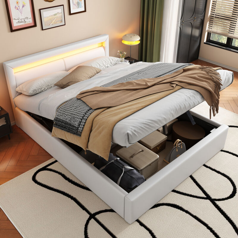 Okwish - Lit coffre 140x200 cm lit double adulte avec rangement et éclairage led en similicuir et bois, beige, sans matelas
