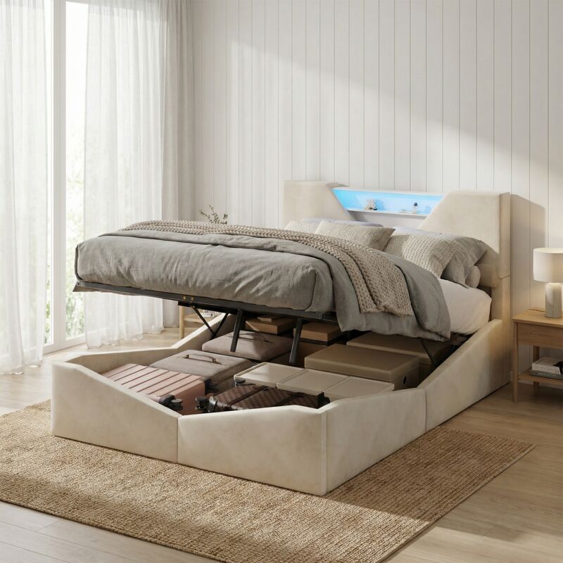 Lit coffre 140x200, lit double avec éclairage LED, lit adulte, tête de lit avec rangement Intégré, velours, design moderne, Beige