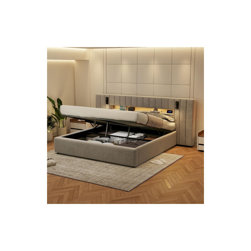 Lit coffre 160x200 cm, lit double avec port USB, éclairage LED, avec lampe de chevet, sans matelas, sans fond, velours, gris