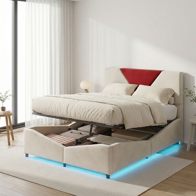 Lit coffre 140x190, Lit double avec rangement hydraulique et éclairage LED, lit adulte en velours, design moderne contrasté triangle, Beige